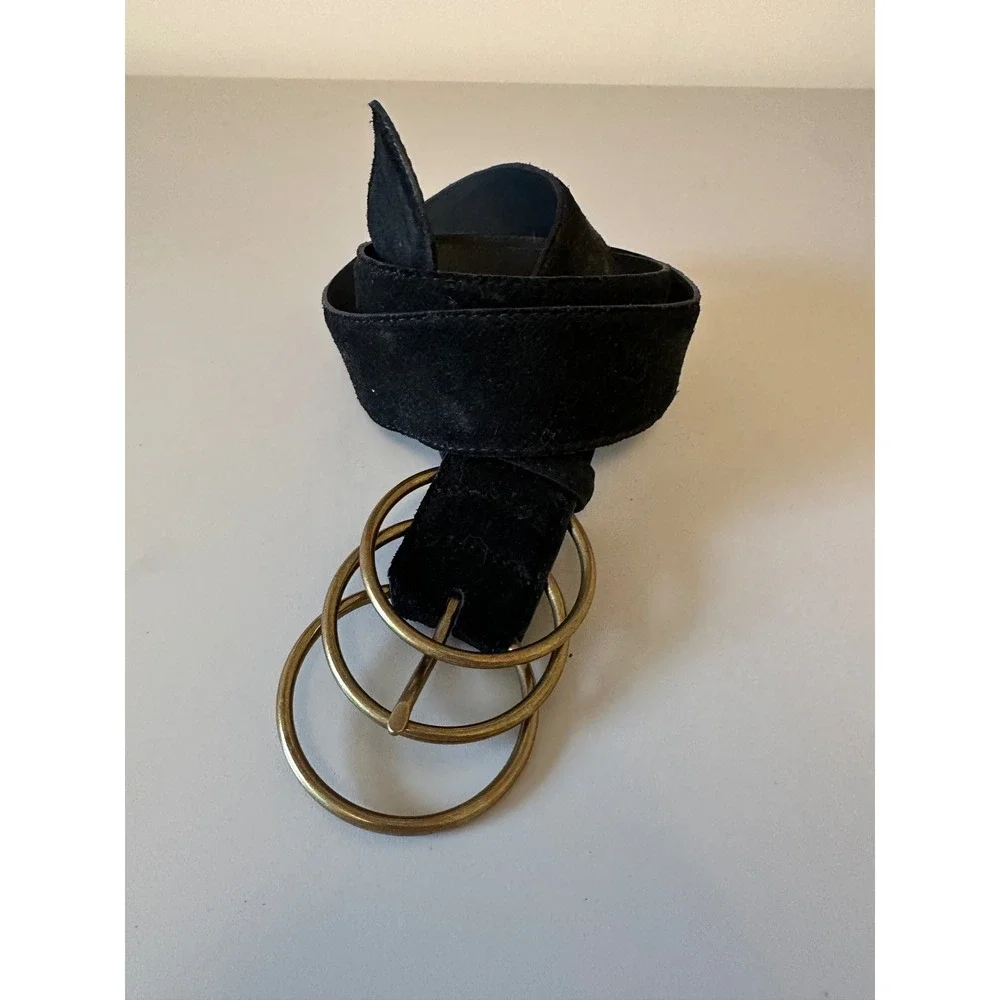 Black Suede Wide Triple Brass Ring Buckle Belt